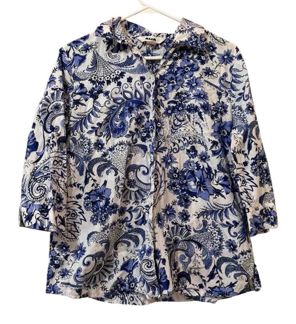 Alia Women Size 12 Button Down 3/4 Sleeve Shirt‎ Paisley Cotton Classic Office